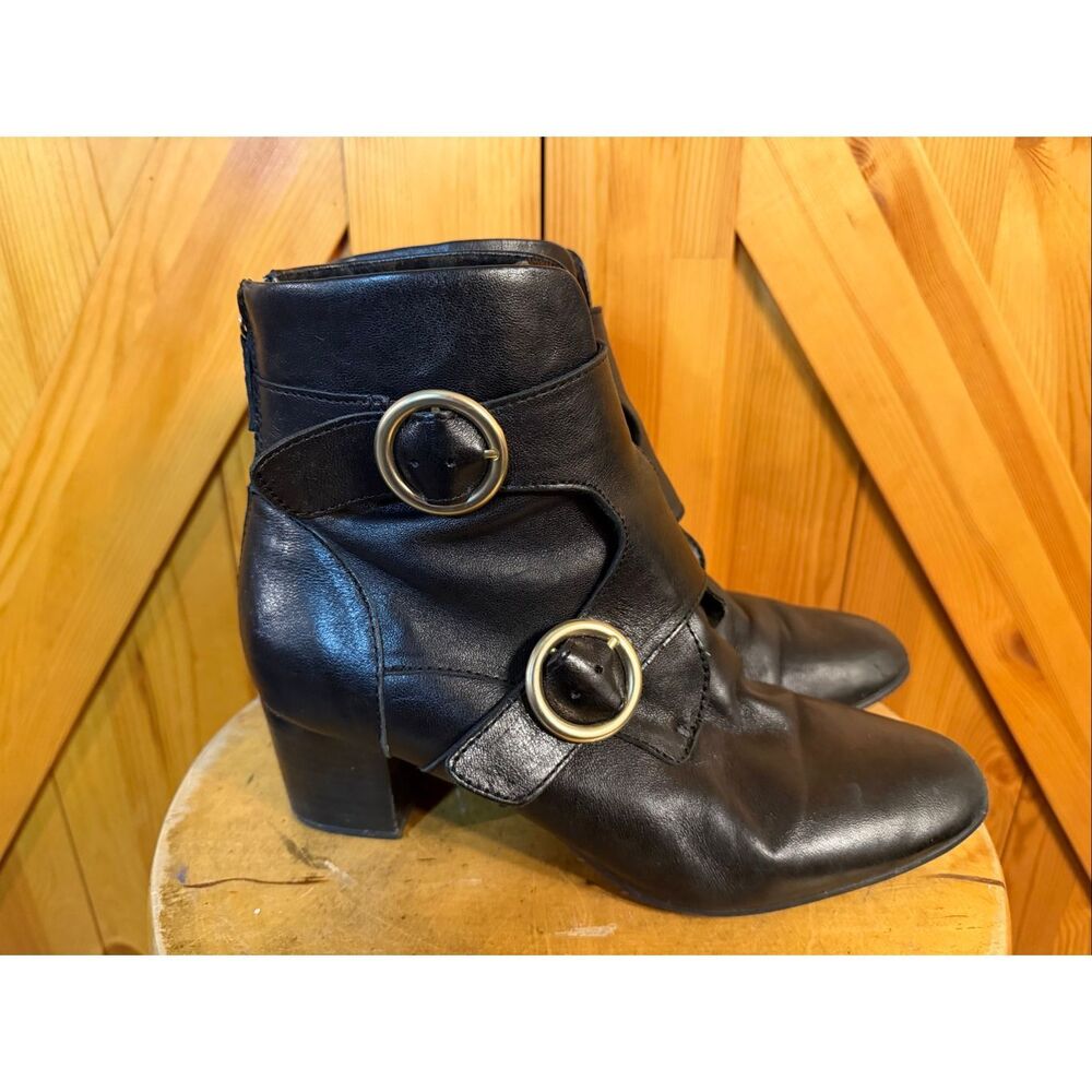 Ono Melker ankle booties women Size 10M black buckle details zipper closure leat